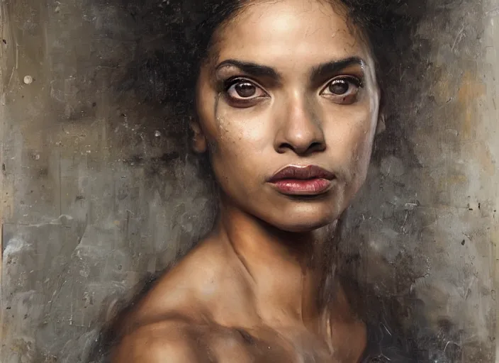 Prompt: a young hispanic woman portrait, photorealistic, highly detailed, art by tim okamura, kim keever, nicola samori