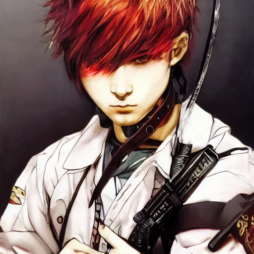 Image similar to portrait of a young white hero using his right arm to grip a katana that is covering his eye by yoji shinkawa, high quality, extra details, realism, ornate, colored, golden chain, blood, white skin, short hair, brown eyes, vivid, sunlight, red headband, black eyepatch, white american soldier, painting, cybernetics, military