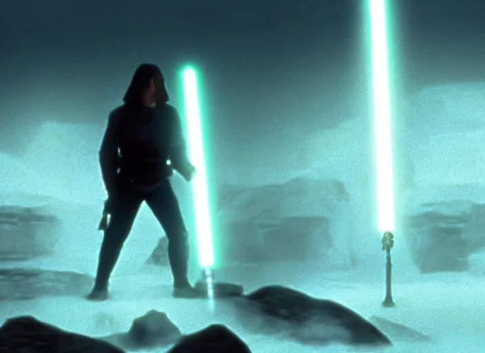 Prompt: epic still of luke skywalker using lightsaber in foggy environment, approaching an ancient temple in the distance, female sith lord in the distance, iconic scene from the 1980s film directed by Stanley Kubrick, cinematic lighting, kodak film stock, strange, hyper real, stunning moody cinematography, with anamorphic lenses, crisp, detailed portrait, 4k image