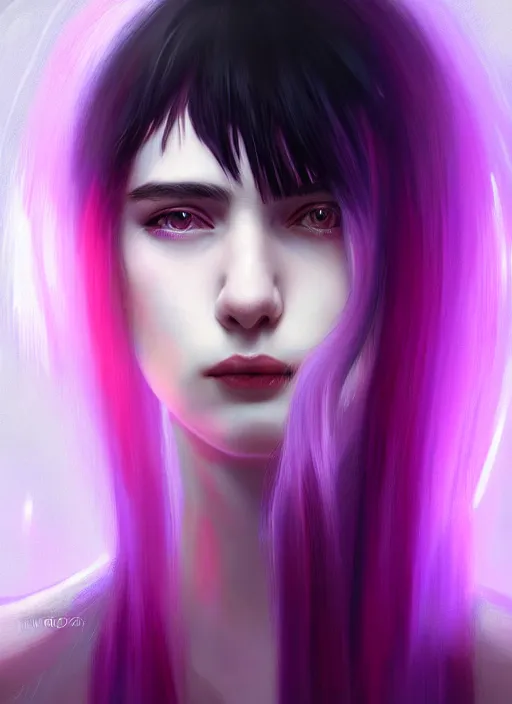 Image similar to hair whitebangs hair, black hair, whitebangs, portrait of teenage girl with white bangs, red irises, purple clothes, white bangs, bangs are different color from hair, intricate, elegant, glowing lights, highly detailed, digital painting, artstation, concept art, smooth, sharp focus, illustration, art by wlop, mars ravelo and greg rutkowski