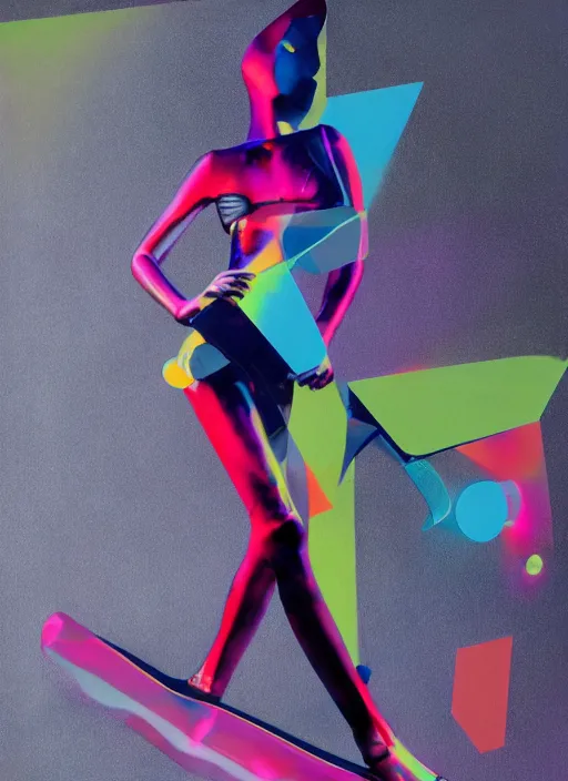 Prompt: futuristic lasers tracing, colorsmoke, fullbodysuit, pyramid hoodvisor, raindrops, wet, oiled, beautiful cyborg girl, by steven meisel, kaws, rolf armstrong, mondrian, kandinsky, perfect geometry abstract acrylic, octane hyperrealism photorealistic airbrush collage painting, monochrome, fluorescent colors, minimalist rule of thirds, eighties eros