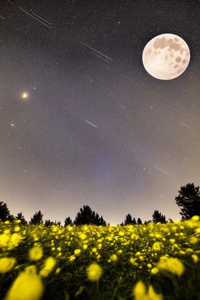 Prompt: low angle, shot from below. two very large moons in night sky. vibrant milky way in the night sky. 3 0 second shot. heavy meteor shower. field of big frozen yellow flowers. f 1. 8 lens, 1 6 mm, lens flare, bokeh. high detail. photorealistic, romantic