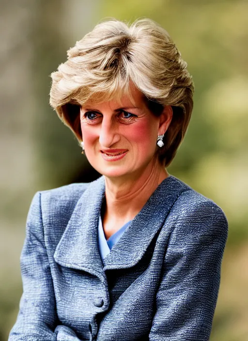 Image similar to DSLR photo portrait still of 61 year old age 61 Princess Diana at age 61!!!, 85mm f1.8