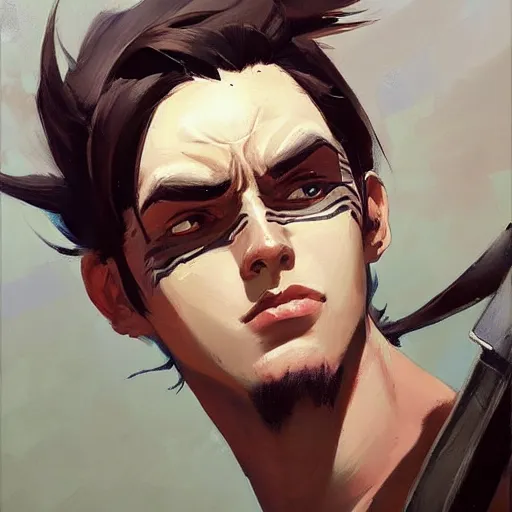 Image similar to greg manchess portrait painting of eren jager as overwatch character, medium shot, asymmetrical, profile picture, organic painting, sunny day, matte painting, bold shapes, hard edges, street art, trending on artstation, by huang guangjian and gil elvgren and sachin teng