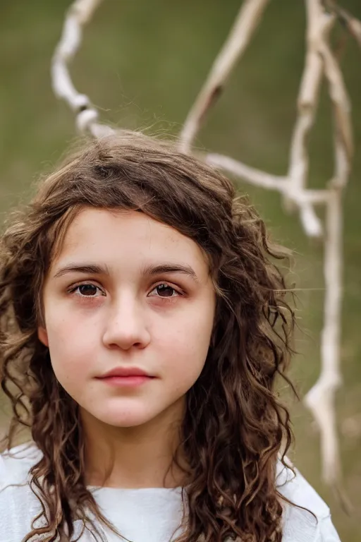 Image similar to close up headshot of a middle-school girl with brown eyes and unkempt wavy short brown hair wearing a white dress and holding a bundle of firewood, high resolution film still, 8k, HDR color, short hair, round face, dimples, beautiful gazing eyes