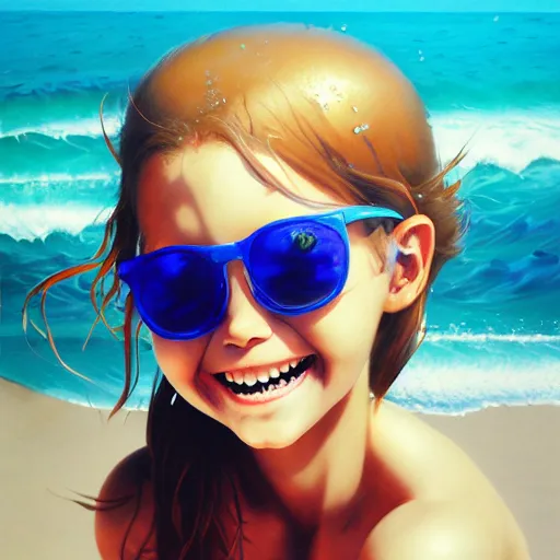 Image similar to Extremely Detailed and Full Portrait scene of Gooey Ocean scene in ink and refined sand, Wendy Thomas Wendys Mascot Girl with shades on face. wearing a sundress full body smiling by Akihito Yoshitomi AND Yoji Shinkawa AND Greg Rutkowski, Mark Arian trending on artstation