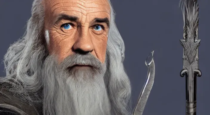 Prompt: sean connery as gandalf, award winning character art, by various concept artists, hyperrealistic face, photorealistic render