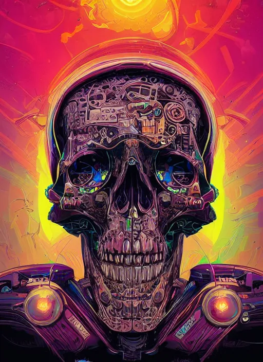 Prompt: a stylish cyborg skull from the future, digital art by Dan Mumford and Peter Mohrbacher, highly detailed, in the style of outrun