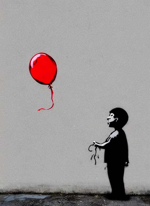 Prompt: a side profile of a black and white boy holding a single red balloon on a white concrete background in the style of Banksy, graffiti, digital art