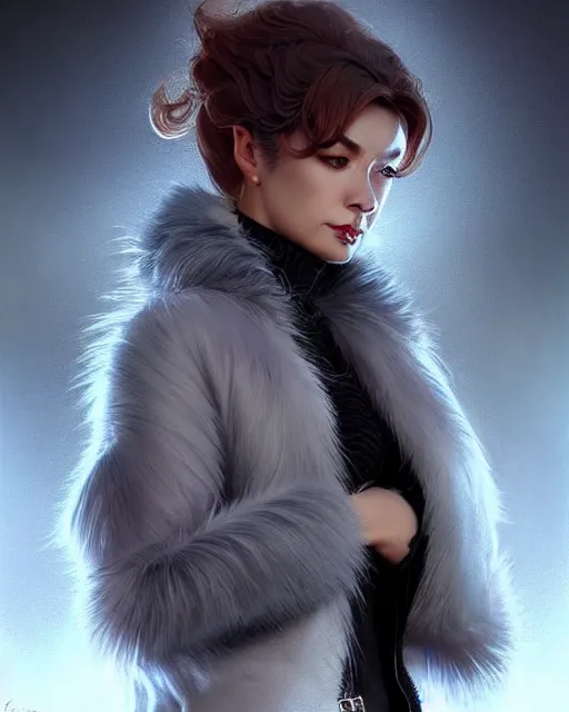 Image similar to fur - lined dragonhide jacket!!! beautiful and elegant female!! gorgeous ayes!! character concept art, sharp focus, illustration, artgerm!! greg rutkowski! wlop!! ilya kuvshinov!! charlie bowater! octane render! unreal engine 5! highly rendered!! trending on artstation!! cgi vfx!