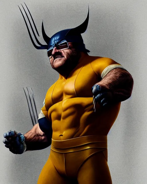 Image similar to danny devito as wolverine, full body portrait, full suit, claws out, oil on canvas, octane render, trending on artstation