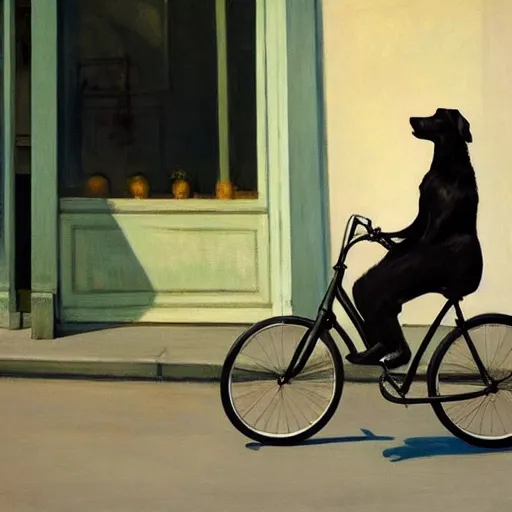 Prompt: young border collie dog riding a bike in paris. edward hopper. faithfully depicted, sharp focus, global illumination, radiant light, detailed and intricate environment, trending on artstation