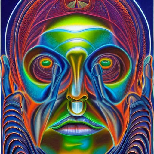 Image similar to enlightened biomechanical a. i, oil painting by alex grey