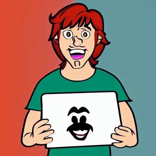 Image similar to shaggy from scooby doo holding laptop cartoon, disney, children's illustration, character