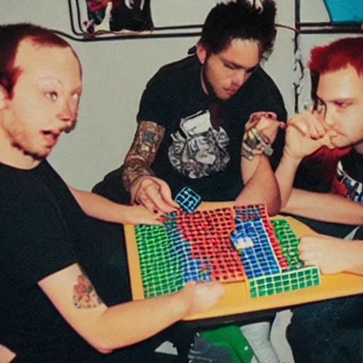 Prompt: Disposable camera picture of punk rockers trying to solve a Rubiks cube