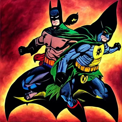 Prompt: a biblical duel between Batman and Satan, oil painting, 8k, Frank Miller