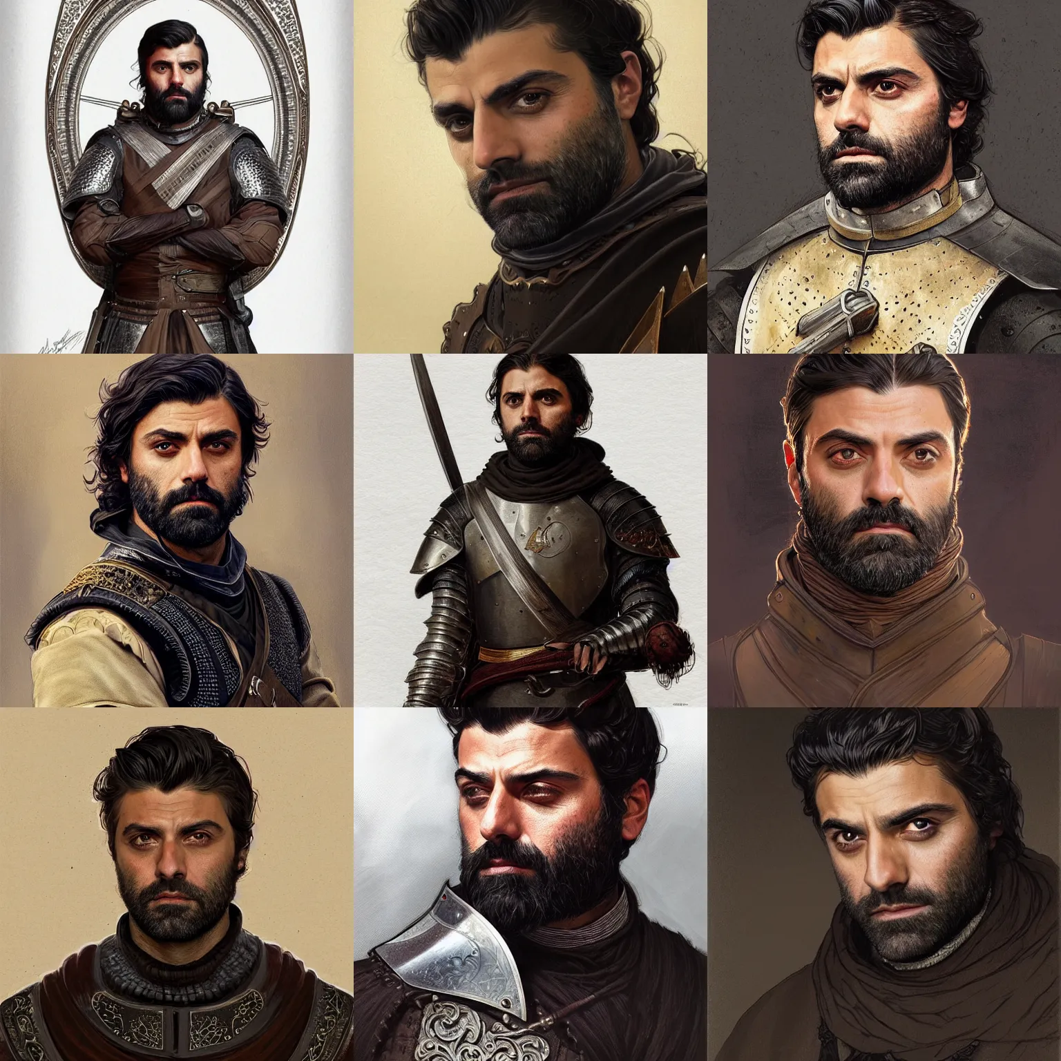 Prompt: portrait of bearded oscar isaac wearing medieval armor, elegant, intricate, headshot, highly detailed, digital painting, artstation, concept art, sharp focus, illustration, art by artgerm and greg rutkowski and alphonse mucha