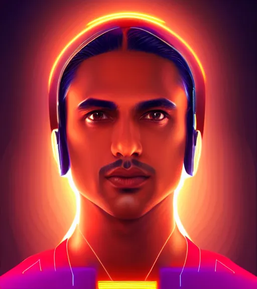 Image similar to symmetry!! indian prince of technology, solid cube of light, hard edges, product render retro - futuristic poster scifi, lasers and neon circuits, brown skin handsome indian prince, intricate, elegant, highly detailed, digital painting, artstation, concept art, smooth, sharp focus, illustration, dreamlike, art by artgerm