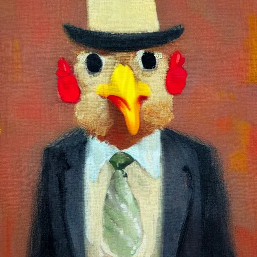 Image similar to a high quality photo of a chicken wearing a suit, impressionism, 8 k