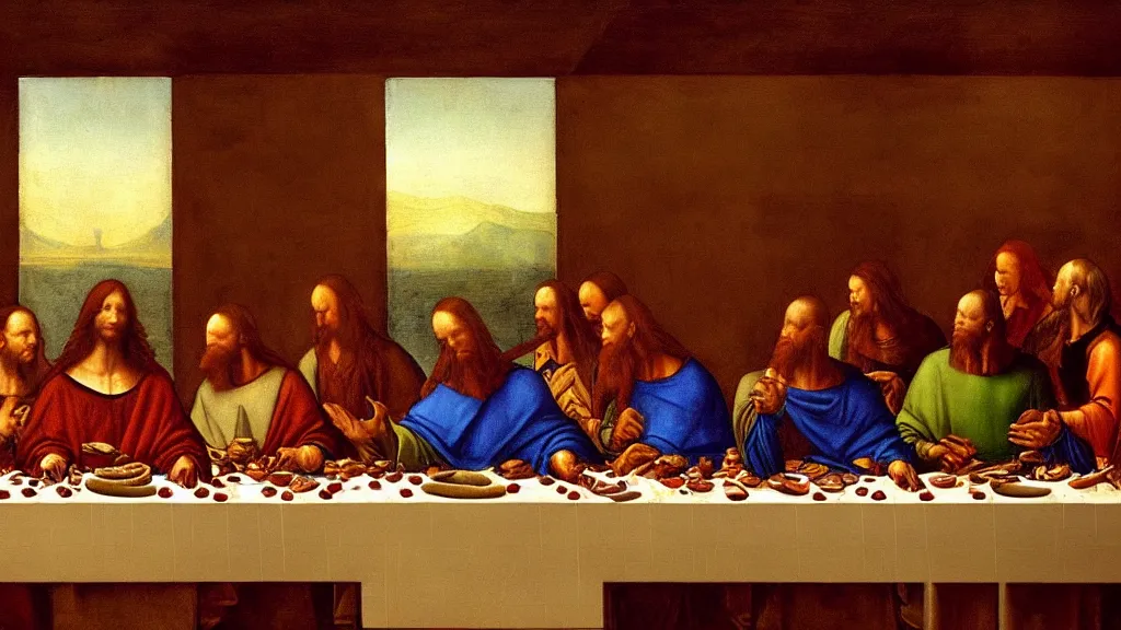 Image similar to mandalorian at the last supper, by leonardo davinci, concept art, oil painting, art station