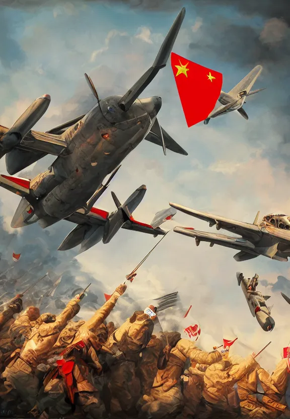 Prompt: [St.Georges fighting a plane adorned with checkered flag. Soviet and chinese Propaganda!!! poster!!!, elegant, highly detailed, digital painting, artstation, concept art, matte, sharp focus, illustration, octane render, unreal engine, photography]