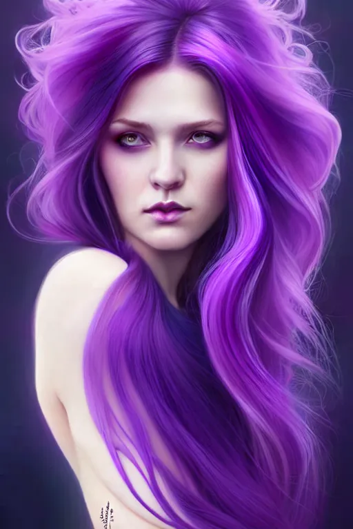 Image similar to Purple hair relistic Portrait of a woman with bright colored flying hair, all shades of purple. Hair coloring, long hair, blue eyes, fantasy, intricate, elegant, highly detailed, digital painting, artstation, concept art, smooth, sharp focus, illustration, art by artgerm and greg rutkowski and alphonse mucha