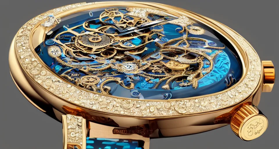 Image similar to a steampunk sleek, jewelled, tropical bird repeater watch by Jaquet Droz, highly detailed illustration highlights, gold and silver highlights, neon blue highlights, macro photography, F/2.8, trending on artstation, octane render