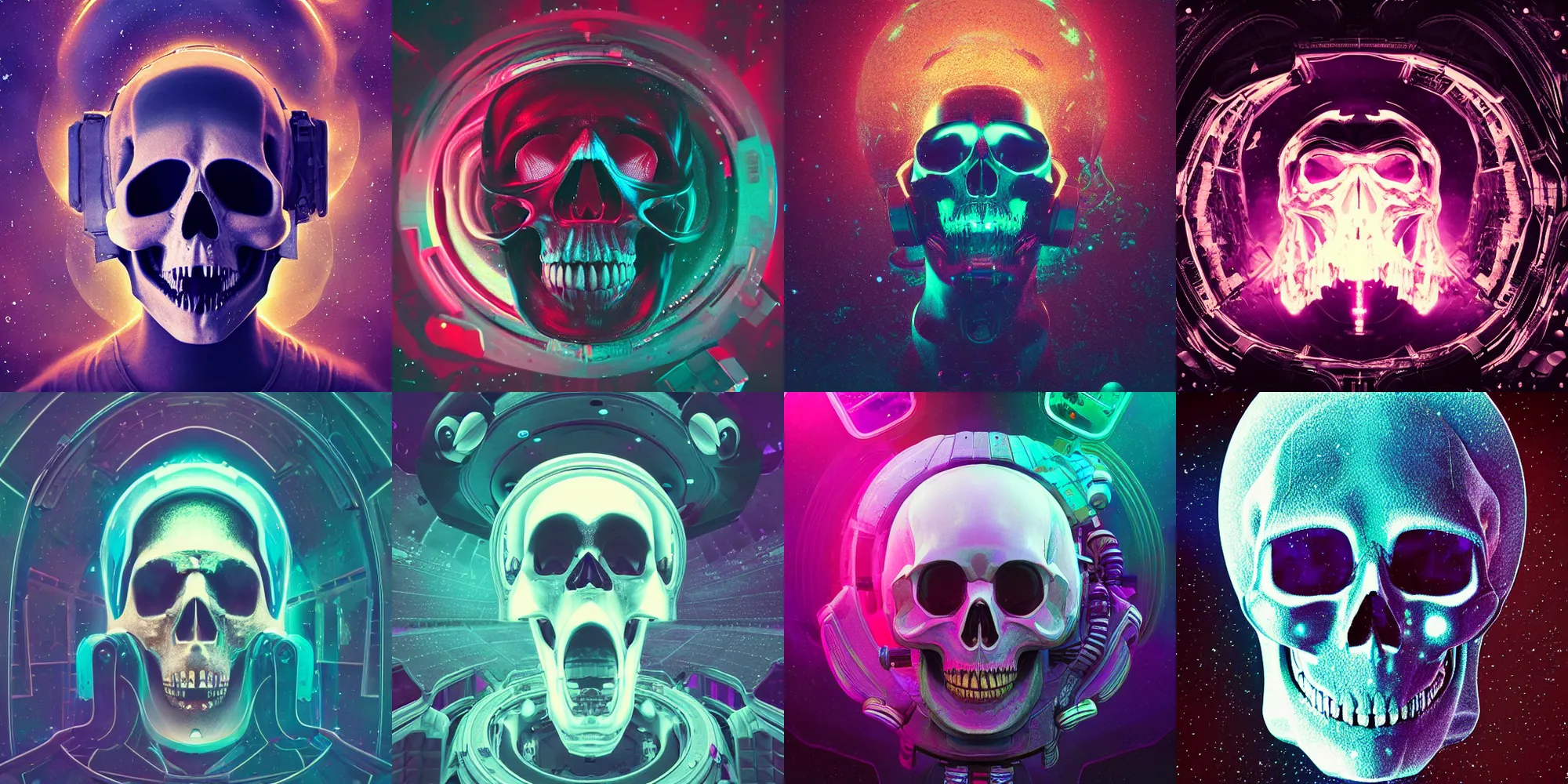 Image similar to astronaut skull, cosmic horror, abstract, ghostly, arcade, duotone, poltergeist, epic lighting, intricate, elegant, highly detailed, smooth, sharp focus, unreal engine 5, raytracing, in the style of beeple and mike winkelmann, ultraviolet colors,