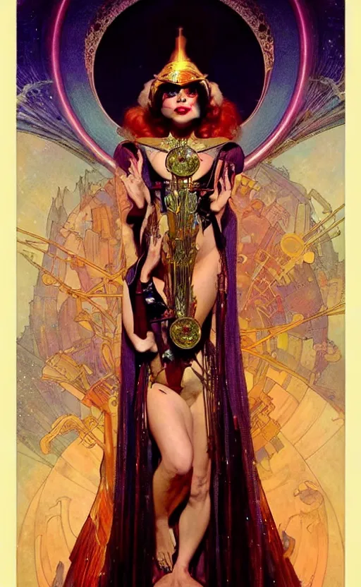 Prompt: lady gaga as atomic priestess, gorgeous lighting by weta studio, mucha, bautista and norman rockwell and greg rutkowski and tom bagshaw and james gurney and lucasfilm