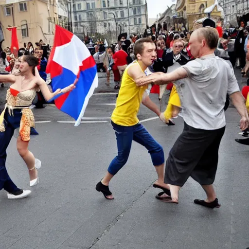 Image similar to ukraine and russia settle their differences through dancing in the streets.