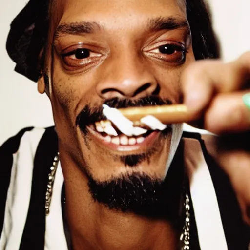 Image similar to Snoop Dog with big eyes eye color red , smiling and holding a joint in his hand