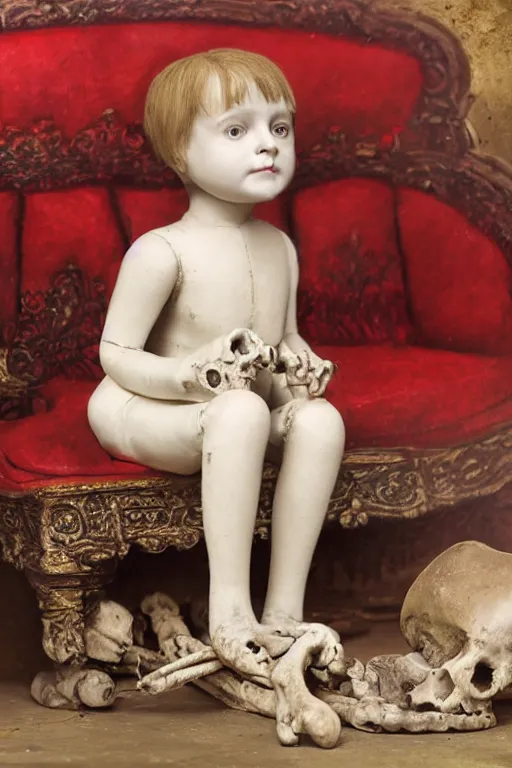 Image similar to photorealistic front view sad pale victorian ai child sitting on a red sofa made of human bones in a surreal landscape, depth of field, intricate, highly detailed, high quality, realistic, sharp focus, soft glow