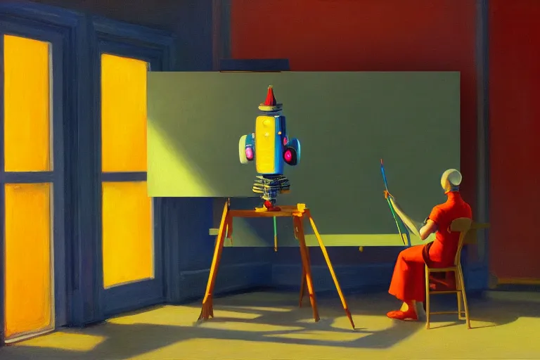 Image similar to beautiful illustration of a robot artist painting an artwork on a canvas with a paintbrush by Edward Hopper, colorful octane render