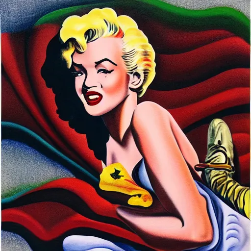 Image similar to beautiful lifelike painting of marilyn monroe on my back, art by ed roth and basil wolverton