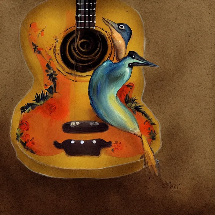 Image similar to a painting of a bird with a guitar, a digital painting by clara miller burd, featured on pixiv, rococo, speedpainting, digital painting, concept art