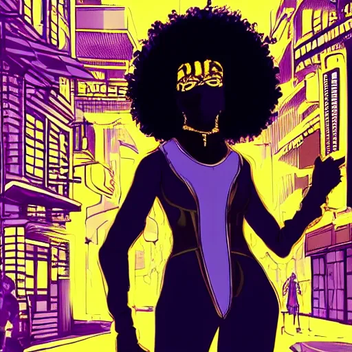 Prompt: afrofuturist woman walking down a very crowded and busy street wearing gold jewelry and a mask, simple, cyberpunk, far shot, 1970s X-Men art style