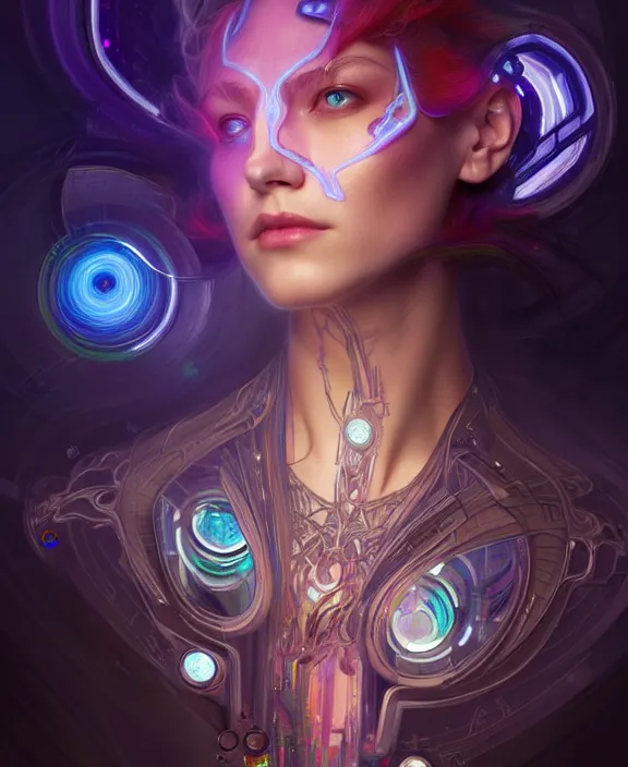 Image similar to a whirlwind of souls rushing inside the metaverse, hologram, half body, neurochip, shaved temple, piercing, jewelry, android, cyborg, cyberpunk face, by loish, d & d, fantasy, intricate, elegant, highly detailed, colorful, digital painting, artstation, concept art, art by artgerm and greg rutkowski and alphonse mucha