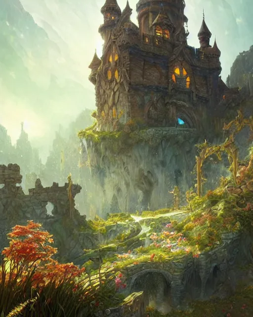 Prompt: A gorgeous fantasy landscape with a decaying castle in the background D&D, fantasy, intricate, elegant, highly detailed, digital painting, artstation, concept art, matte, sharp focus, illustration, hearthstone, art by Artgerm and Greg Rutkowski and Alphonse Mucha