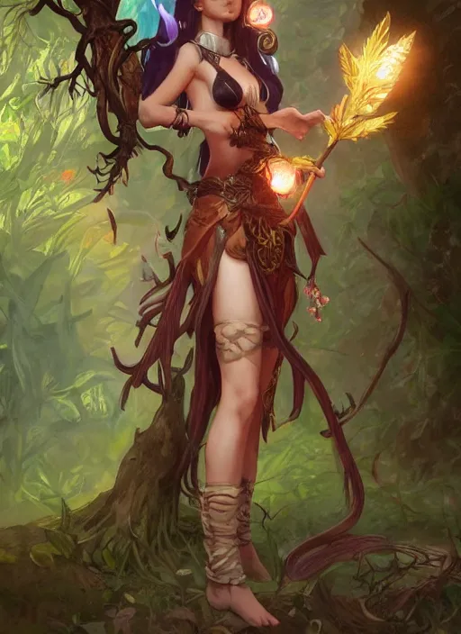 Image similar to cute Tiefling Druid with long horns, colorful leaves on light leather armor, holding tree staff, ,demon tail light-brown skin, highly detailed, digital painting, artstation, concept art, sharp focus, illustration, art by artgerm and greg rutkowski and alphonse mucha