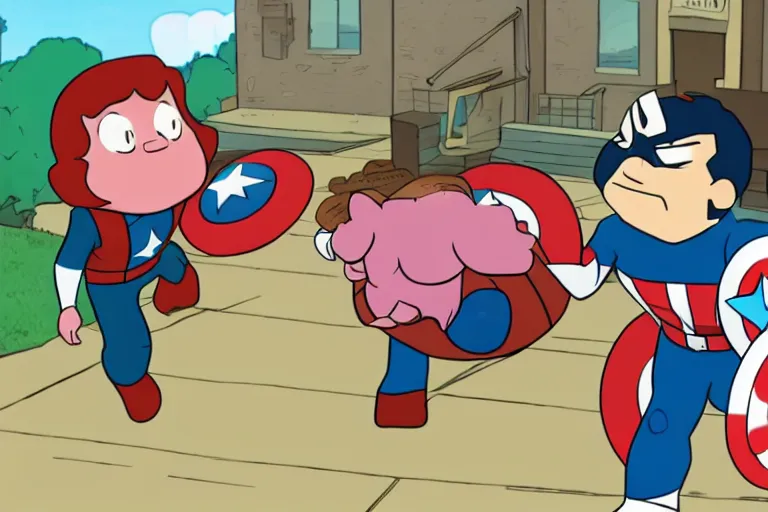 Prompt: steven universe wearing captain america's suit, chubby 1 6 - year old boy with curly brown hair, screenshot from steven universe ( 2 0 1 3 )