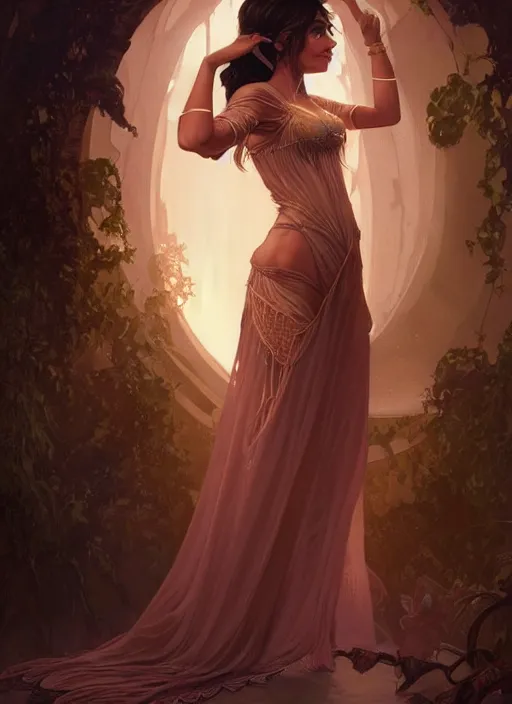 Image similar to cute brown woman wearing a transparent night gown, fantasy, intricate, highly detailed, digital painting, artstation, concept art, wallpaper, smooth, sharp focus, illustration, art by artgerm and greg rutkowski and alphonse mucha