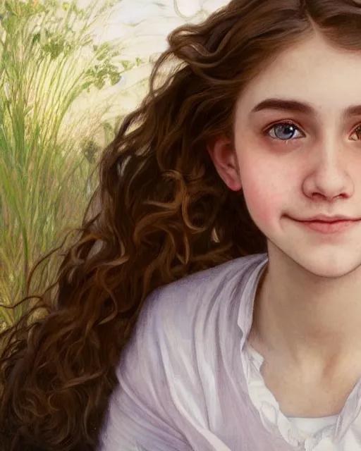 Image similar to close up portrait of 1 5 - year - old girl, smile with large front teeth, hermione granger, very bushy brown hair, and very bright brown eyes, wearing white shirt, hyper realistic face, beautiful eyes, close up, fantasy art, in the style of greg rutkowski, intricate, alphonse mucha, hyper detailed, smooth