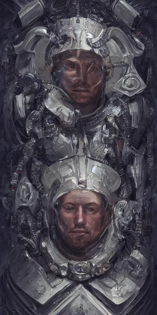 Image similar to of a hyper _ realistic _ proportional _ stylization _ portrait _ of _ a _ techpunkk _ war _ cleric _ in _ a _ futuristic _ pearl _ armor _ full _ of _ astral _ runes _ the _ backgro.