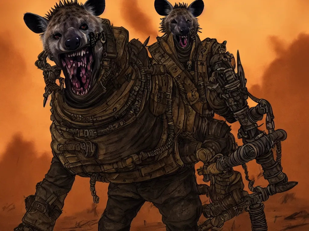 Image similar to a good ol'hyena fursona ( from the furry fandom ), heavily armed and armored facing down armageddon in a dark and gritty version from the makers of mad max : fury road. witness me.