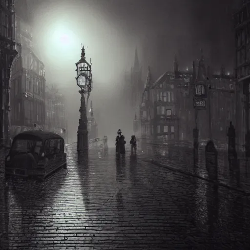 Image similar to victorian city, dark, misty, at night, 8 k, detailed, concept art, trending on artstation