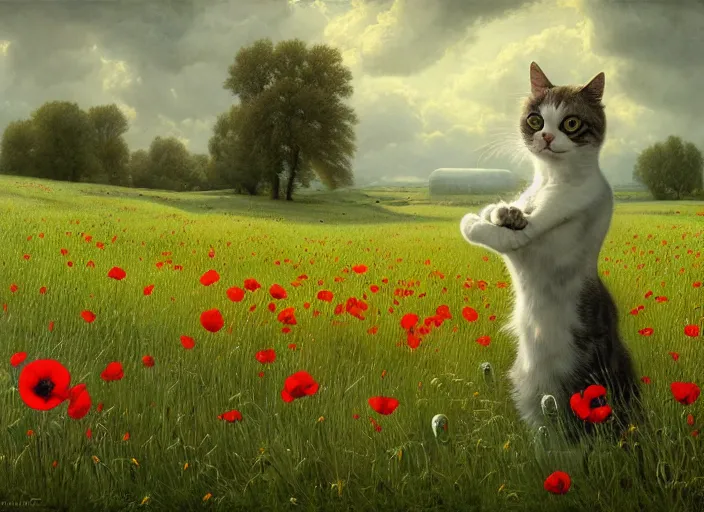 Image similar to the cat in the meadow from flowers : dandelions, poppy, tulip, chamomile, hyperrealism, no blur, 4 k resolution, ultra detailed, style of ivan shishkin, tyler edlin, tom bagshaw, arthur rackham,