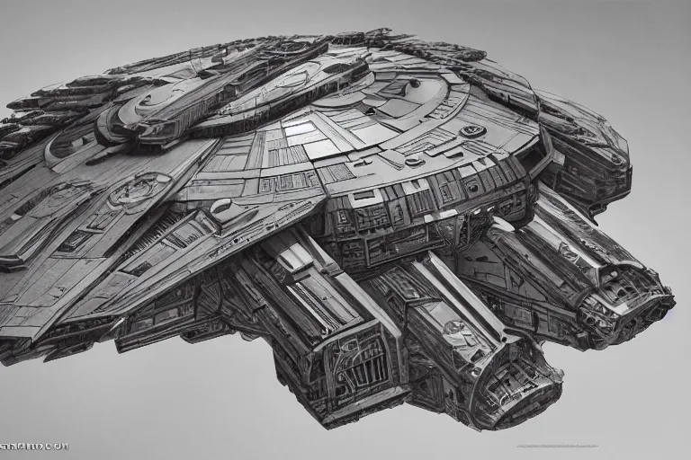 Image similar to the millenium falcon built from organic components, soft, sharp focus, detailed, sci-fi, hyperrealism, concept art by artgerm and Alphonse Mucha and Moebius