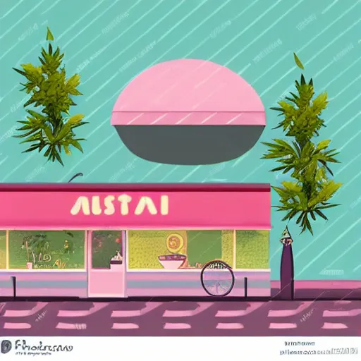 Image similar to isometric cute cartoon illustration style cafe australian, decorated with cute cannabis pot plants 🪴 utopian australiana simple frontage, poster, beautiful composition pastel palette by will barnet, digital art, hyperrealistic, sharp detailed soft, render cartoon by pixar