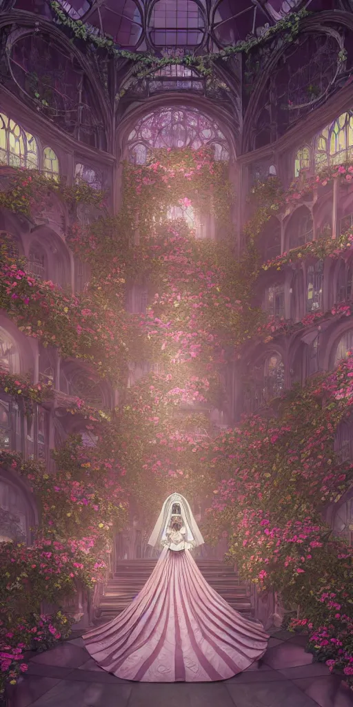 Prompt: the beautiful hyperdetailed physical rendering of a single rose wedding gothic lolita dress clothing design display in exhibition hall, perfectly shaded, atmospheric lighting, in the style of makoto shinkai, raphael lacoste louis comfort tiffany, stanley artgerm lau, wlop, rossdraws, 8 k hd, 3 drender