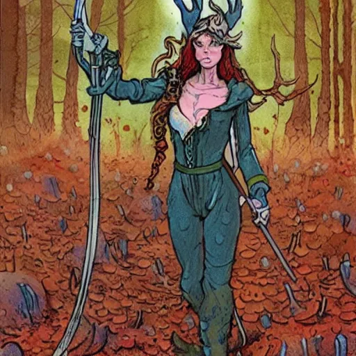 Image similar to moonshine cybin, buxom epic level dnd wood elf spore druidess, wielding a magical sword, wearing magical overalls. covered in various fungi. full character concept art, realistic, high detail digital painting by angus mcbride and michael whelan and michael william kaluta.